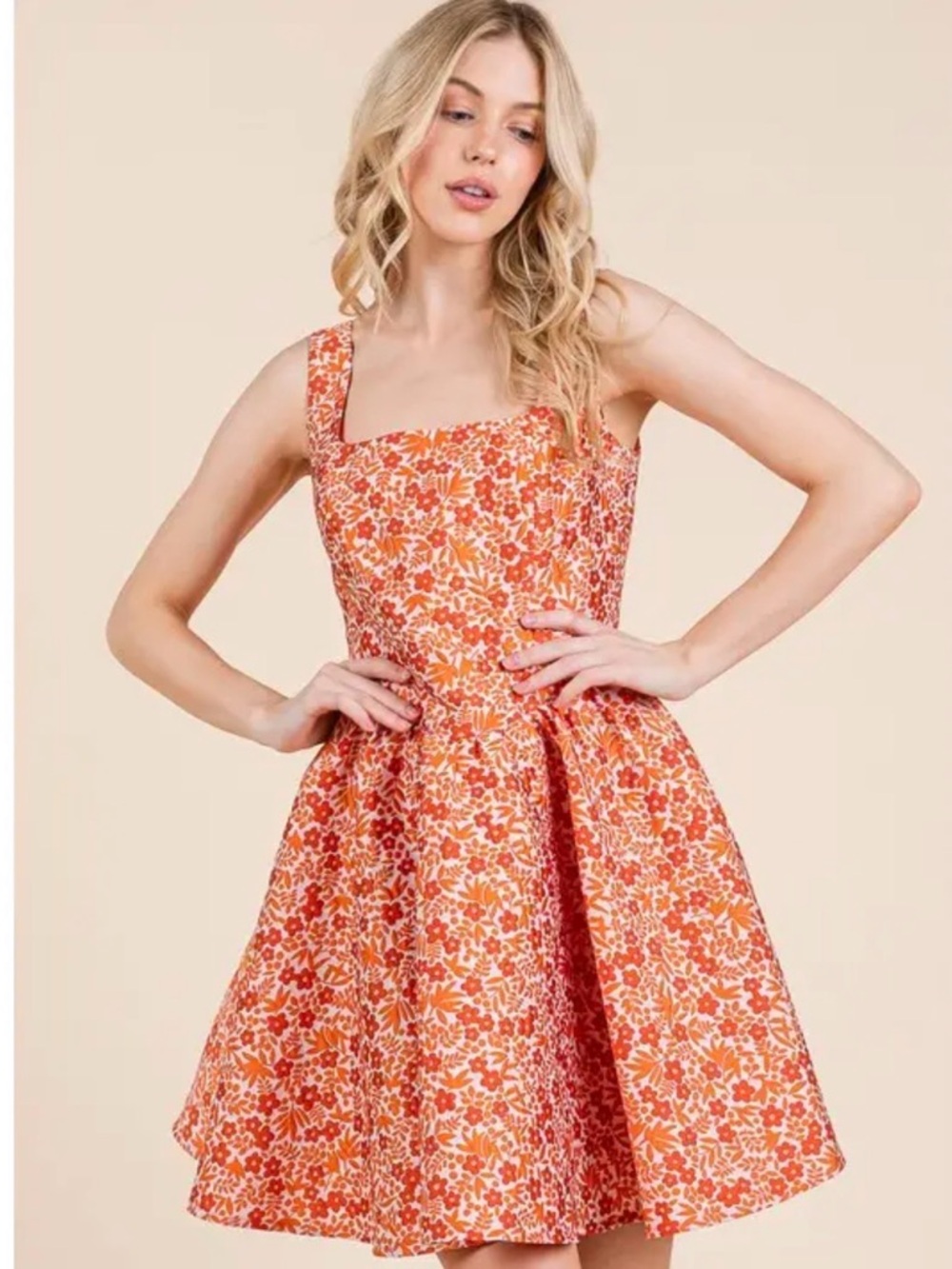 Lovelo Orange Floral Square-Neck Mini Dress